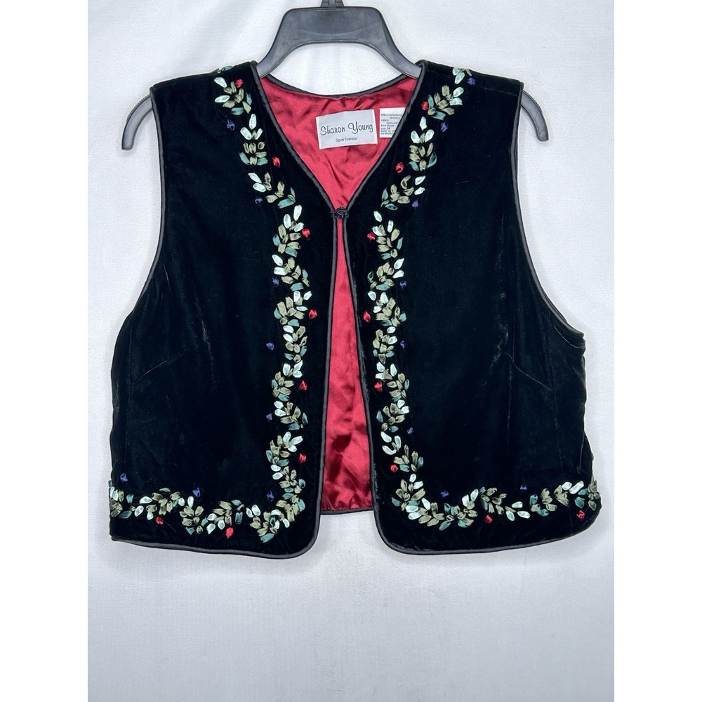 Vintage Sharon Young Black Velvet Ribbon Embroidered Vest  Red Lining Sz M